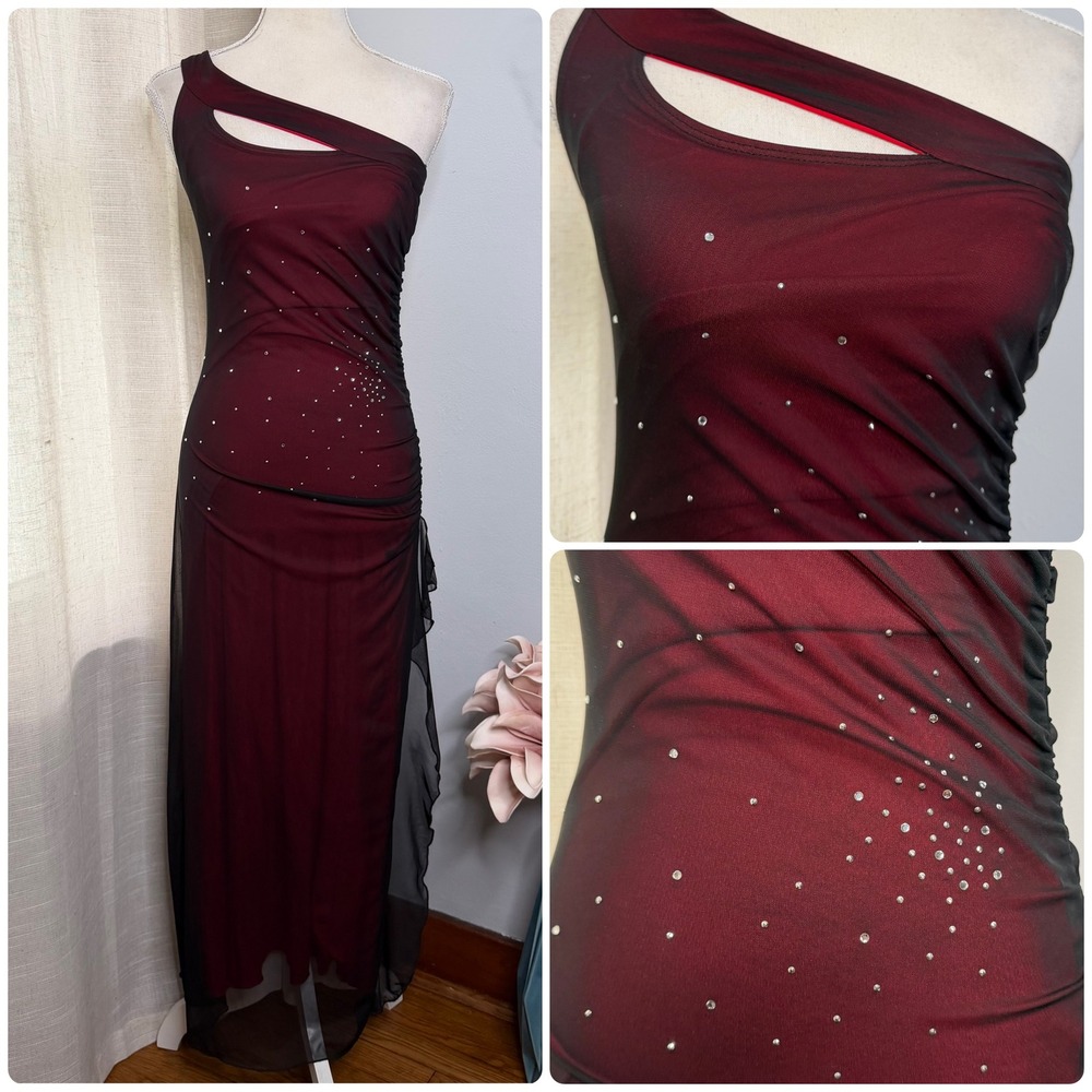 Y2K Vintage Taboo One Shoulder Rhinestone Mesh Maxi Dress Ruched Red Black Small